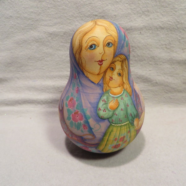 Vintage Russian Matryoshka Artist Signed Roly Poly Chime Doll - Mother and Child Motif