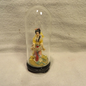 Vintage Miniature Oriental Woman Figurine Wearing a white Dress in Miniature Glass Dome with Wood Base