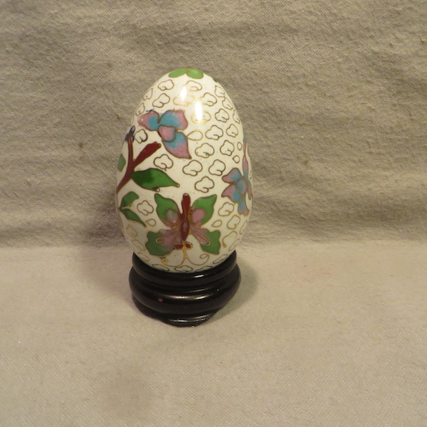 Vintage Cloisonné Egg on a Wood Base - White with Floral Motif