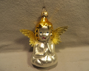 Vintage West Germany Blown Glass Christmas Ornament - Angel on a Cloud with Gold Dresden Paper Wings