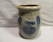 Vintage Rowe Pottery Salt Glaze Small Crock with Cobalt Decorations