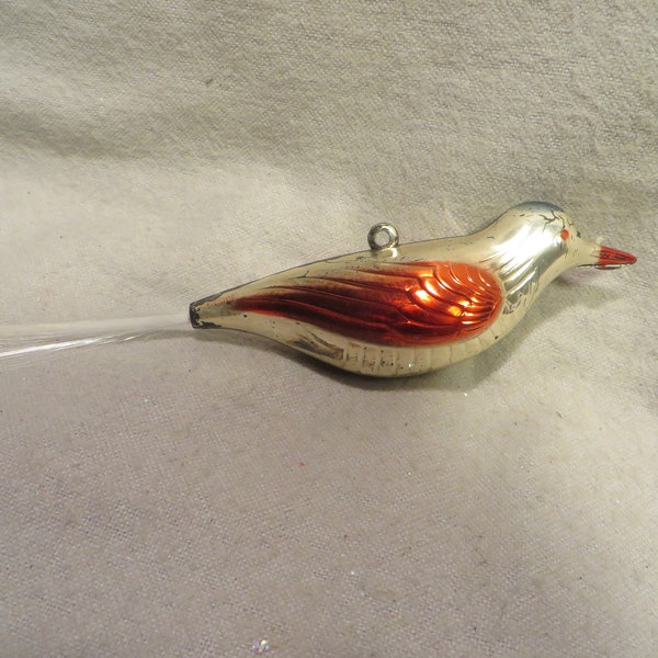 Vintage Plastic Hanging Bird with Spun Glass Tail Christmas Ornament