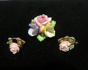 Vintage Porcelain Flowers Pin and Pair of Clip Earrings