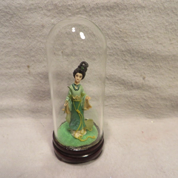 Vintage Miniature Oriental Woman Figurine Wearing a Green Dress in Miniature Glass Dome with Wood Base