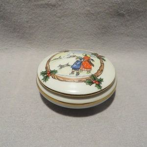 Vintage Limoges Castel French Porcelain Small Round Covered Trinket Box With Hand Painted Christmas Motif Decorations