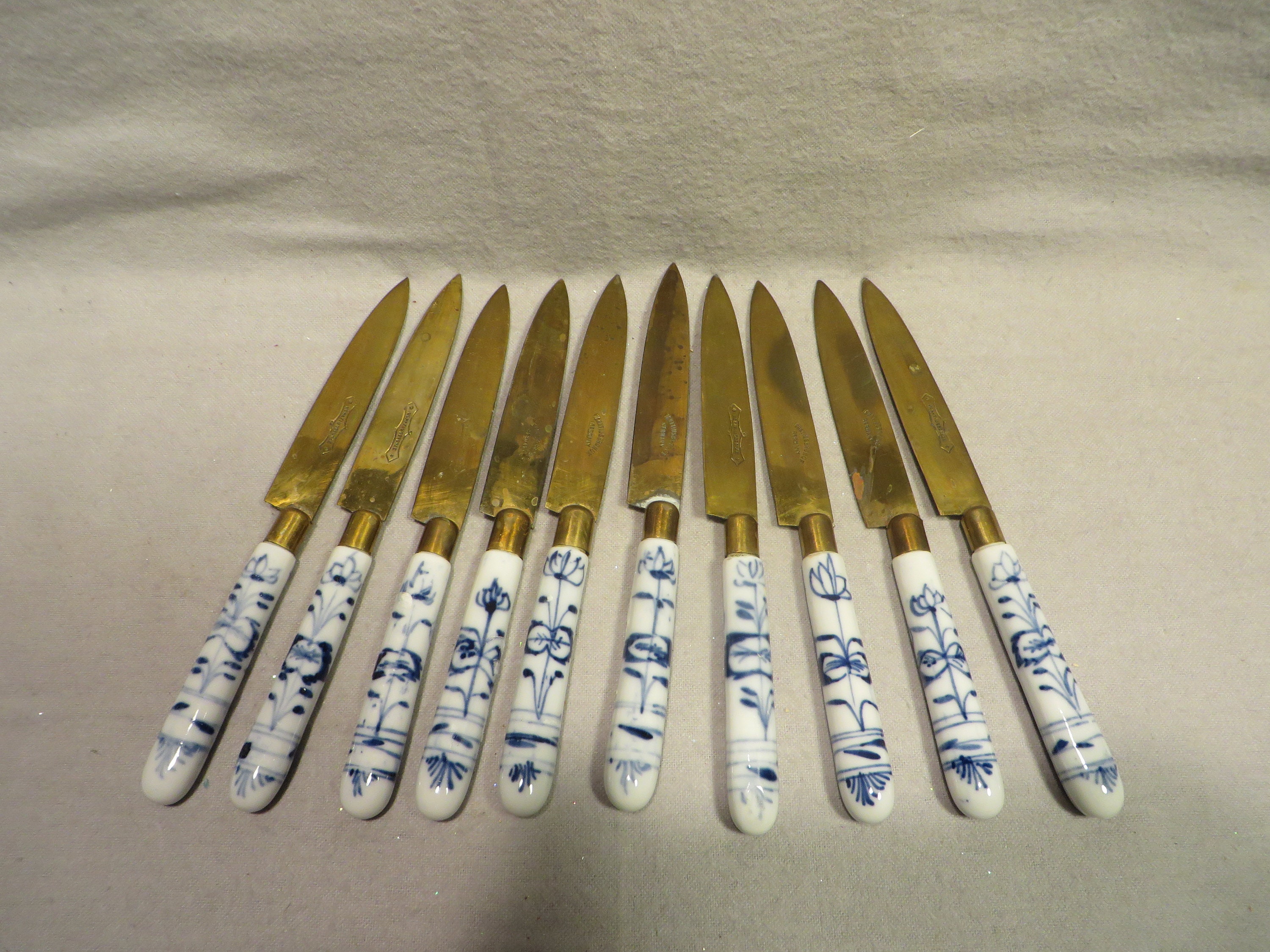 Vintage German Bronze Fruit Knives: Meissen Blue Onion Porcelain