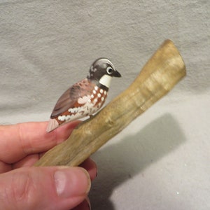 Vintage Hand Carved and Painted 2&quot; Tall Quail on a Log
