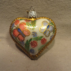 Vintage Neiman Marcus Exclusive Heart Shaped Blown Glass Ornament Decorated with Flowers and Butterflys