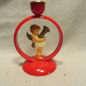 Vintage &quot;Made in Germany&quot; Red Hard Plastic Tuba Playing Angel Candleholder