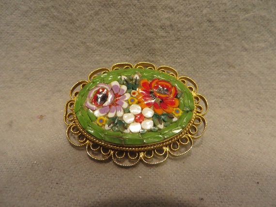 Vintage Oval Micro Mosaic Floral Brooch - image 1