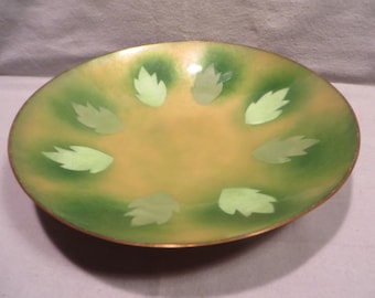 Vintage Mid Century Modern Leon Statham Signed Enamel on Copper 10" Low Bowl with Leaf Design