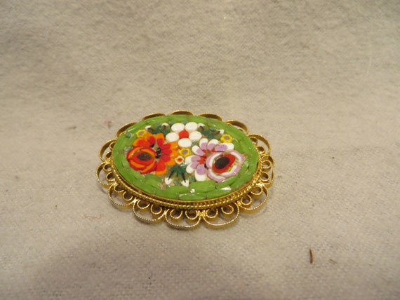 Vintage Oval Micro Mosaic Floral Brooch - image 2