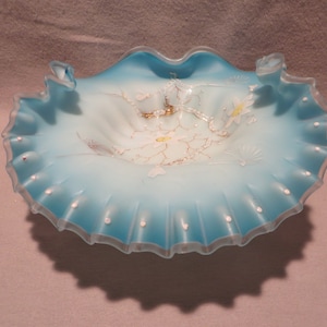 Antique Victorian Satin Glass Ruffled Bowl Mounted on Metal Legs