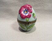 Vintage Limoges France Egg Shaped Porcelain Trinket Box Decorated with a Pansey
