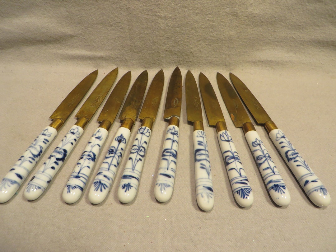 Vintage German Uchatius Bronze Blade Set of 10 Fruit Knives With Blue