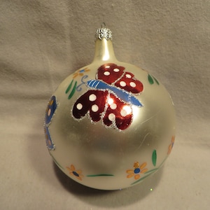 Vintage &quot;Made in Poland&quot; 4&quot; Blown Glass Christmas Ornament Decorated With Butterflies