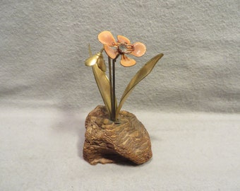 Vintage Bovano of Cheshire Enamel on Copper Flower Mounted on a Piece of Wood