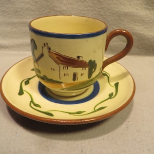 Vintage Watcombe Pottery Torquay England Motto Ware Small Cup and Saucer - Waste Not Want Not