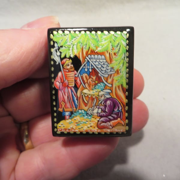 Vintage Russian Miniature Hinged Black Laquered Trinket Box - Forest Folktale Scene