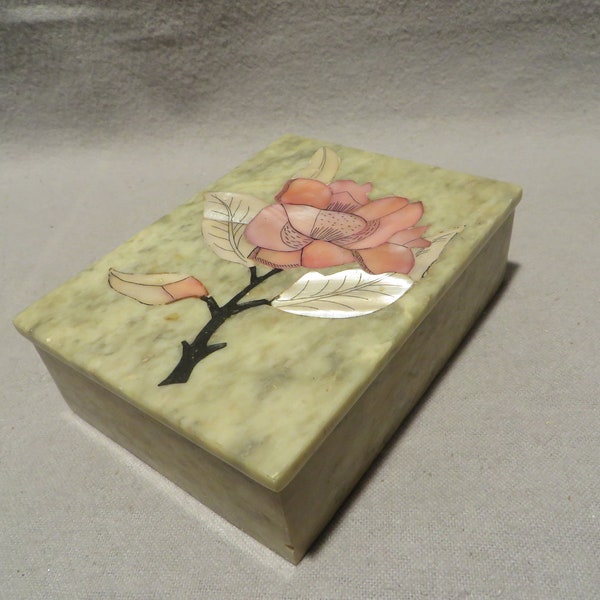 Vintage Stone Trinket Box With MOP Inlaid Flower