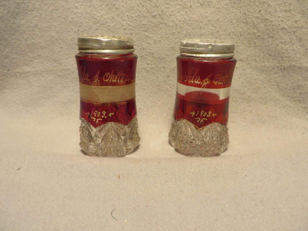 Antique Early American Pressed Glass Ruby Flashed Salt & Pepper Shakers ...