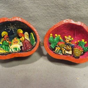 Vintage Peruvian Folk Art Hand Crafted and Decorated Gourd with Nativity Scene Diorama