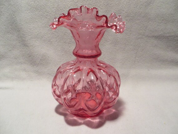 Vintage Small Melon Body Ruffled Cranberry Glass Vase Etsy