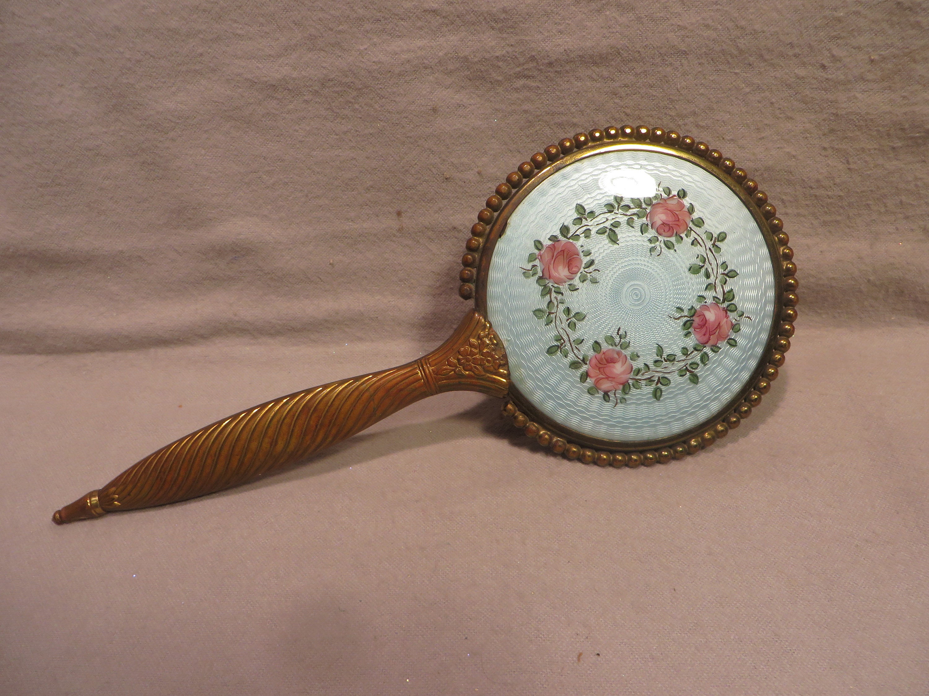 Guilloche Enamel Floral Silver Plate Hair Brush Vintage Art Deco Hairbrush Wood Antique 1920s Guilloche Enamel Hair Brush, 935 Sterling  main image 3