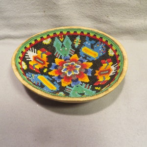 Vintage Huichol Mexico Hand Beaded Ceremonial Gourd Prayer Bowl