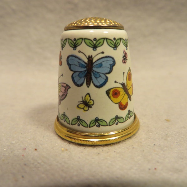 Vintage Halcyon Days England Enamel Thimble Decorated with Butterflies