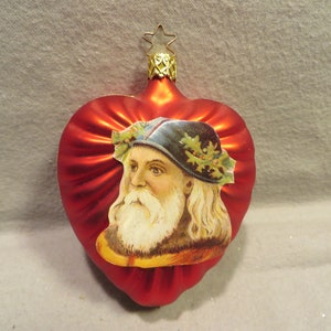 Vintage Inge Glas &quot;Made in Germany&quot; Blown Glass Christmas Ornament - Heart with Santa Head Scraps