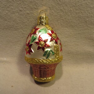 Vintage Blown Glass Christmas Ornament - Basket of Poinsettias