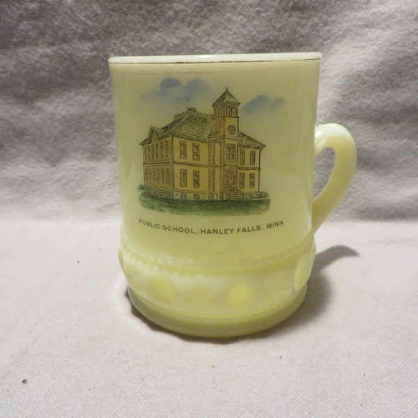Vintage Custard Glass Souvenir Mug - "Public School, Hanley Falls, Minnesota