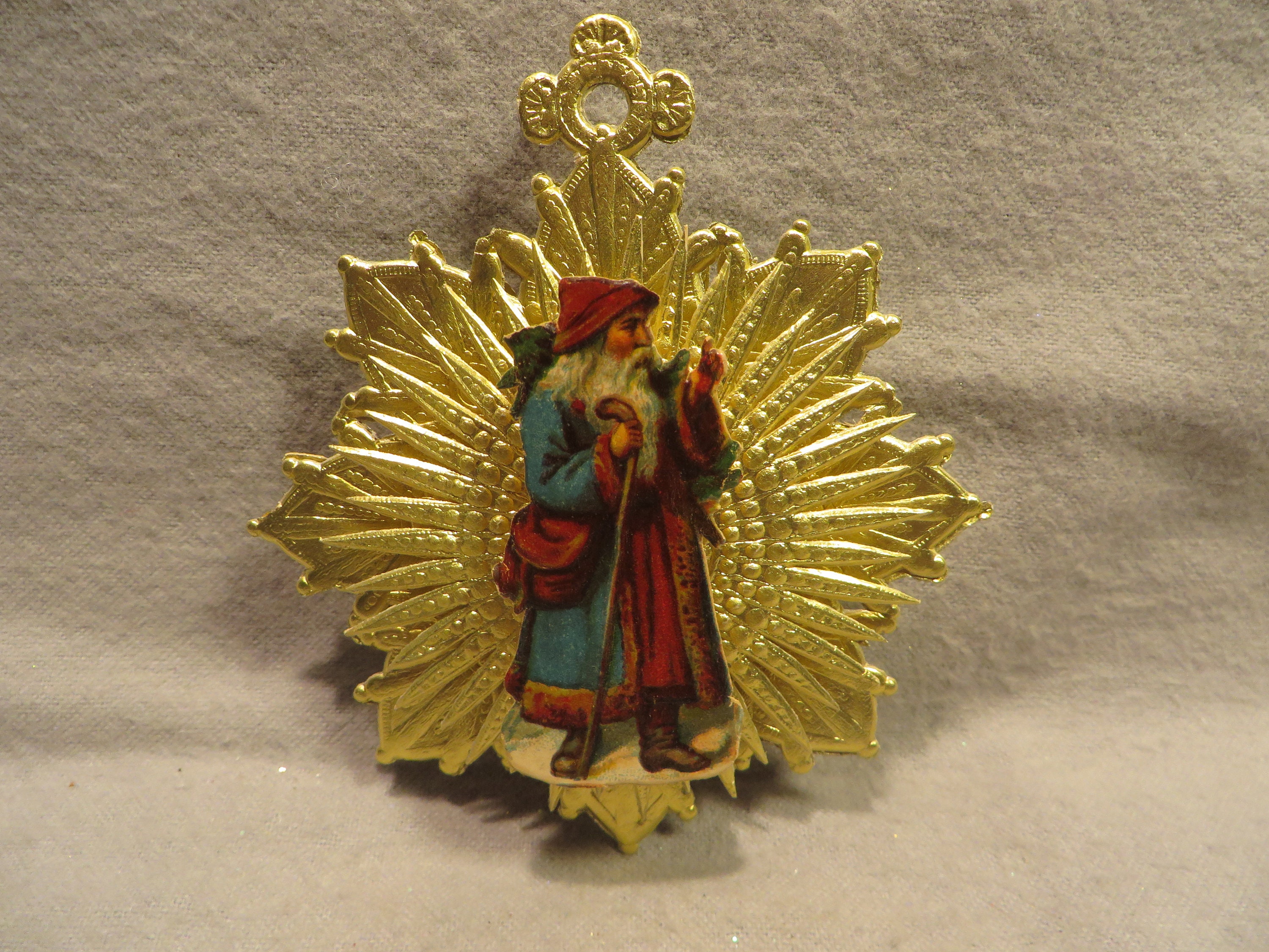 Vintage Dresden Paper Christmas Ornament from Artist Samantha Claus - Two Sided Santa on Gold Sunburst