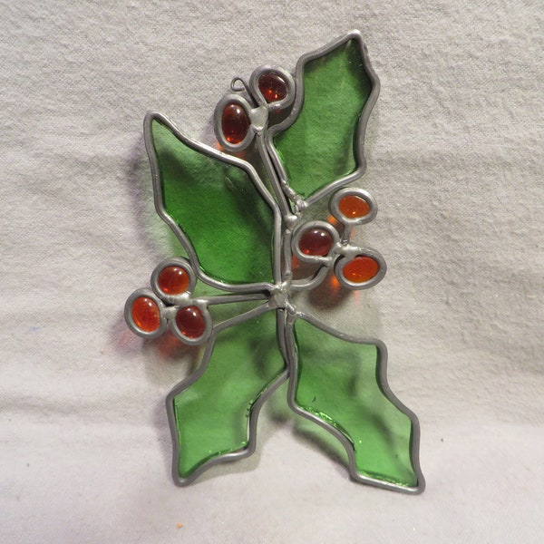 Vintage Leaded Glass Holiday Suncatcher - Four Holly Leaves with Red Berries