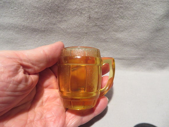 Vintage Mini Child's Amber Glass Barrel Shaped Handled Mug