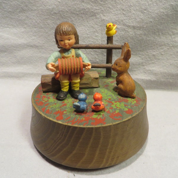 Vintage Anri Music Box - Girl Playing Squeeze Box with Rabbit and Birds