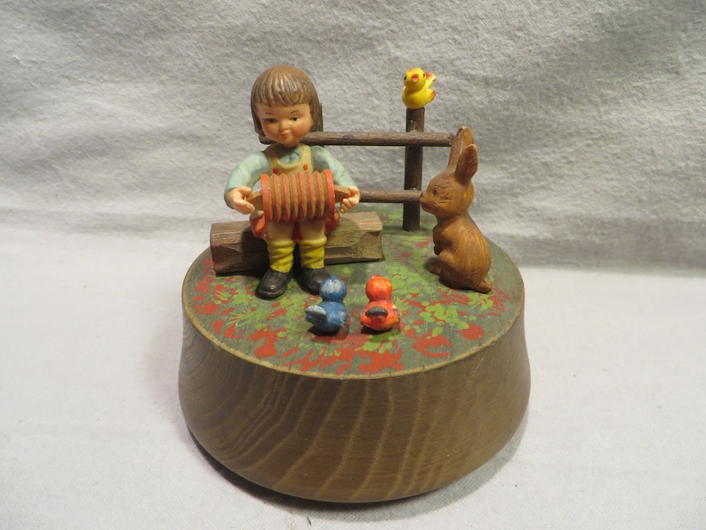 Vintage Anri Music Box Girl Playing Squeeze Box With Rabbit Etsy