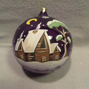 Vintage 3 1/2&quot; Blown Glass Christmas Ornament - Hand Painted Winter House Scene