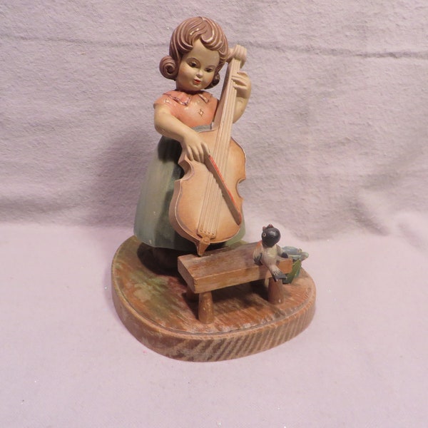 Vintage 1950's-60's Anri Toriart Figurine - Girl Playing the Cello for a Little Bird on a Bench