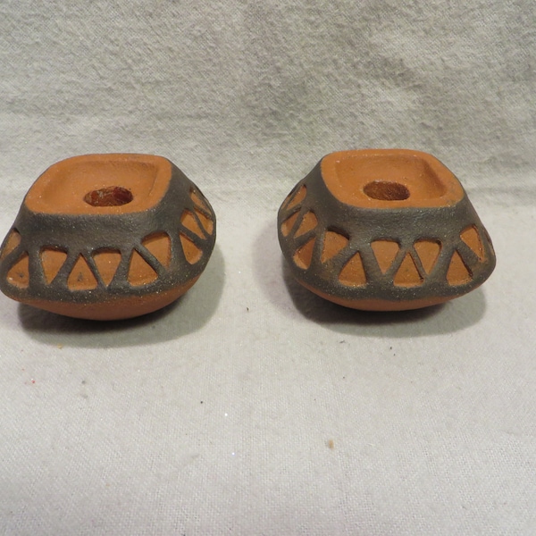 Vintage Pair of Mid Century Modern Thyssen Keramik Denmark Terra Cotter Pottery Candleholders #531