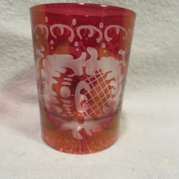 Vintage Ruby Etched to Clear Bohemian Glass Shot Glass Featuring A deer and a Goose in Flight