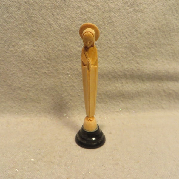 Vintage 3" Tall Hand Carved Wood Modernistic Holy Mother Mary Figurine