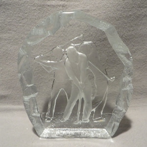 Vintage Nybro Sweden Crystal Paperweight Featuring Golfers