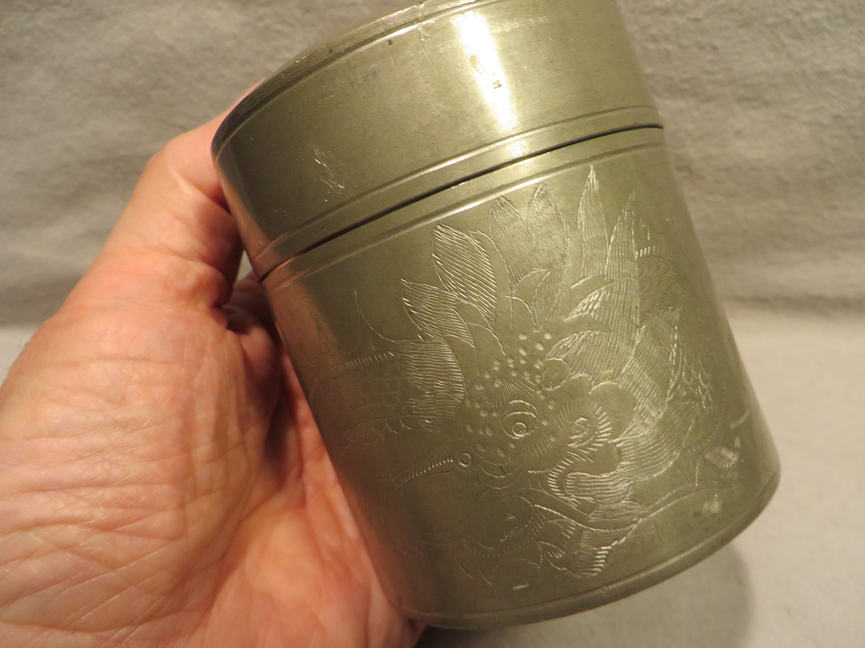 Antique 1920's Chinese Kut Hing Swatow Engraved Pewter Tea Caddy