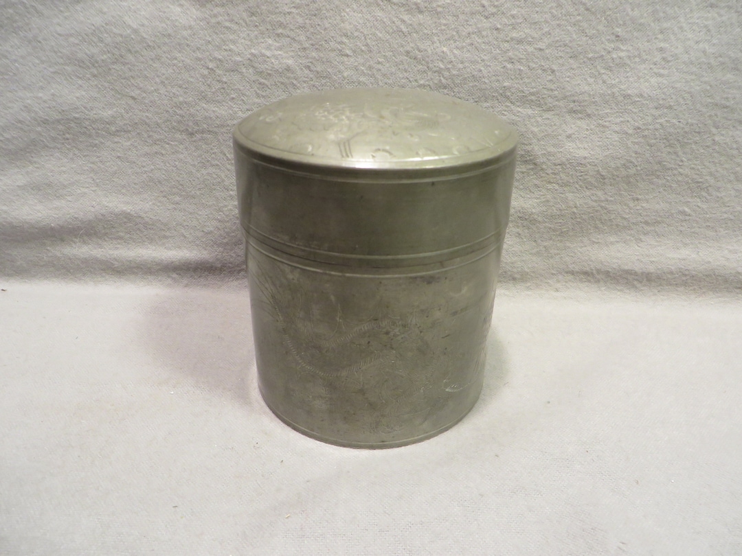 Antique 1920's Chinese Kut Hing Swatow Engraved Pewter Tea Caddy