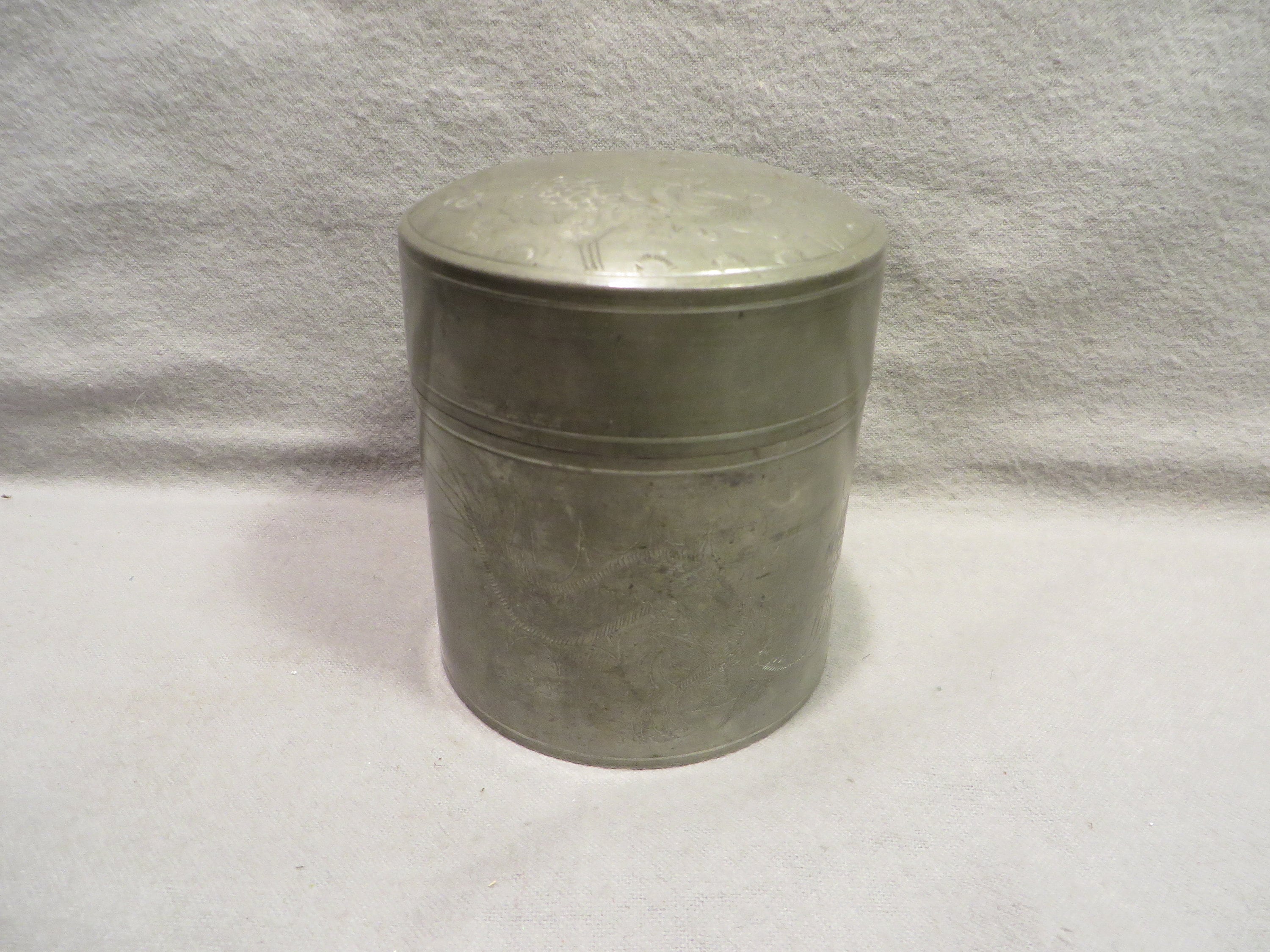Antique 1920's Chinese Kut Hing Swatow Engraved Pewter Tea Caddy