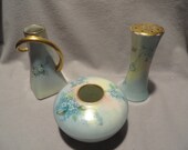 3 Piece Antique Hand Painted Porcelain Dresser Set - Vase, Hair Receiver Hatpin Holder