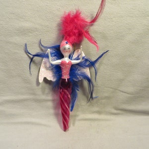 Vintage De Carlini Blown Glass Figural Christmas Ornament - Showgirl with White Wings and Red and Blue Feather Trim