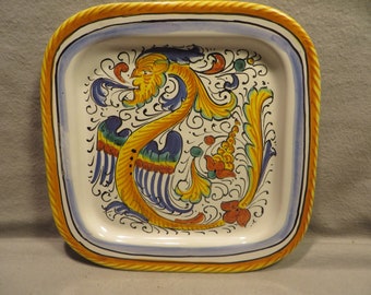 Vintage Larce Orvieto Italian 7 1/2" Square Pottery Plate with a Griffin Motif